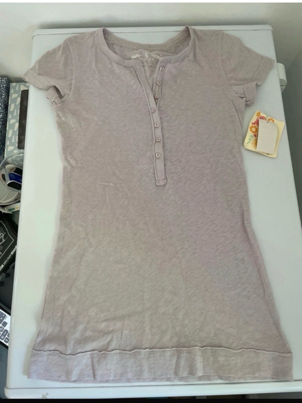 Energie Lavender Short-Sleeve Henley Tee with Lace Trim